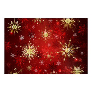 Póster Navidades Copos de nieve dorados con fondo rojo