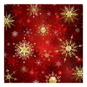 Póster Navidades Copos de nieve dorados con fondo rojo