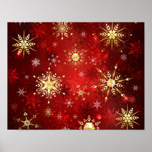 Póster Navidades Copos de nieve dorados con fondo rojo
