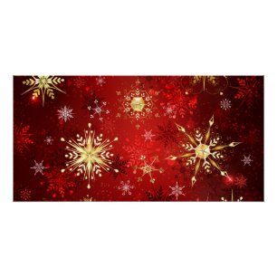 Póster Navidades Copos de nieve dorados con fondo rojo