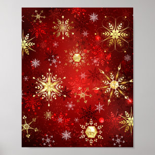 Póster Navidades Copos de nieve dorados con fondo rojo