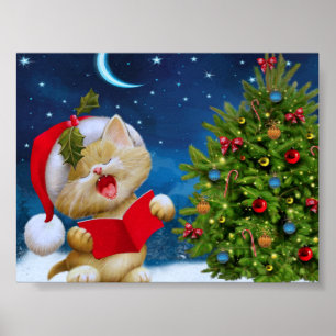 Póster Navidades Cuelan Carol Kitten Santa Hat Tree vacac