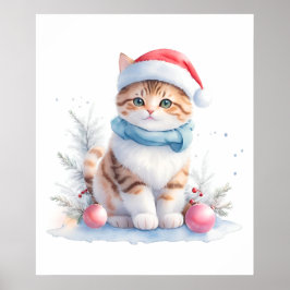 Póster Navidades Cuidados De Acuarela Gato En Santa Hat