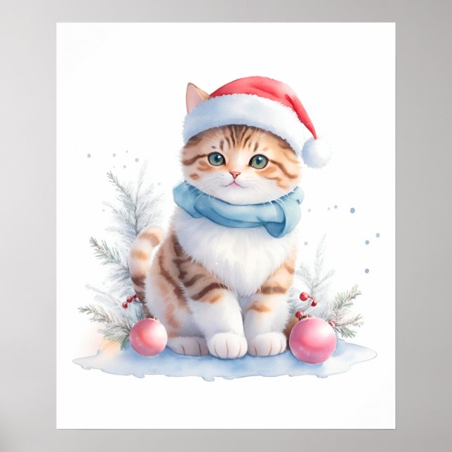 Póster Navidades Cuidados De Acuarela Gato En Santa Hat (Frente)