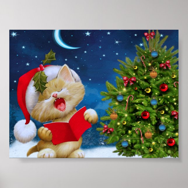 Póster Navidades Cute Carol Kitten Santa Hat Tree Holiday (Frente)