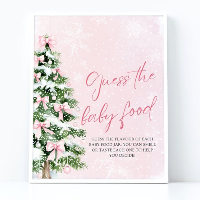 Póster Navidades de arcos adivinan la comida para bebé en (Pink Bows Christmas Guess the Baby Food Baby Shower Sign)