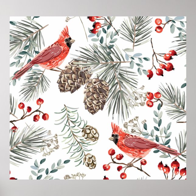 Póster Navidades de aves cardinales Patrón de cosecha (Frente)