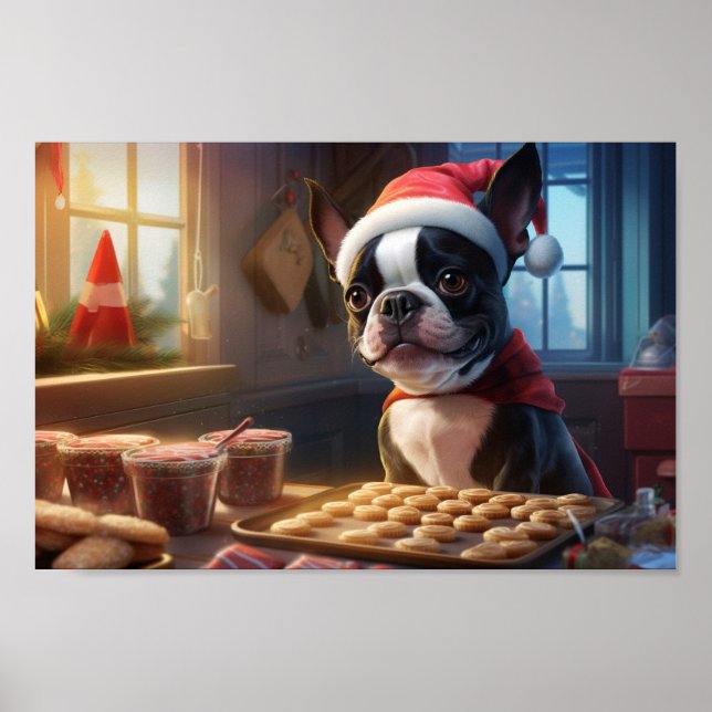 Póster Navidades de Boston Terrier cocinan festividades (Frente)