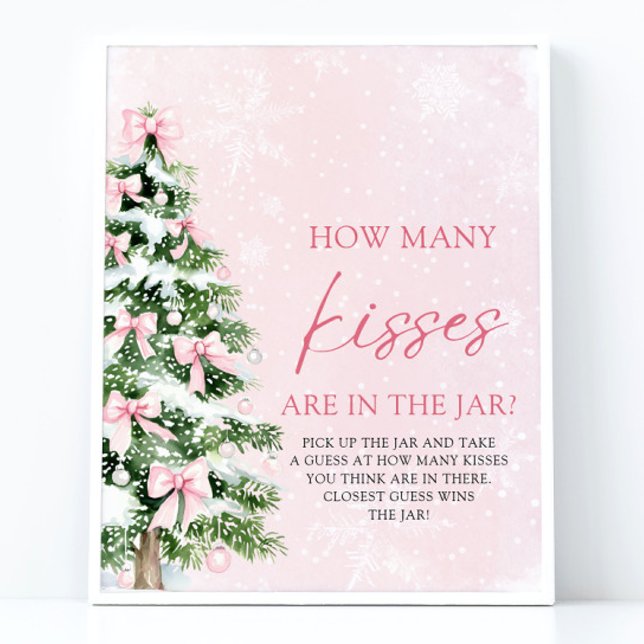 Póster Navidades de Bows adivinan cuántos besos Baby Show (Pink Bows Christmas Guess How Many Kisses Baby Shower Sign)