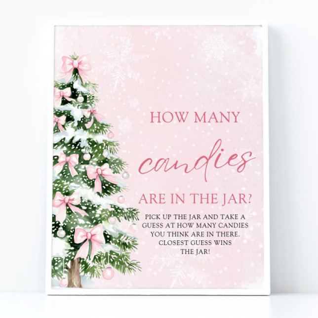 Póster Navidades de Bows adivinan cuántos Candies Baby Sh (Pink Bows Christmas Guess How Many Candies Baby Shower Sign)