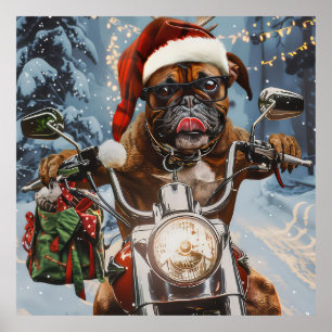 Póster Navidades de Boxer Dog Riding en motocicleta