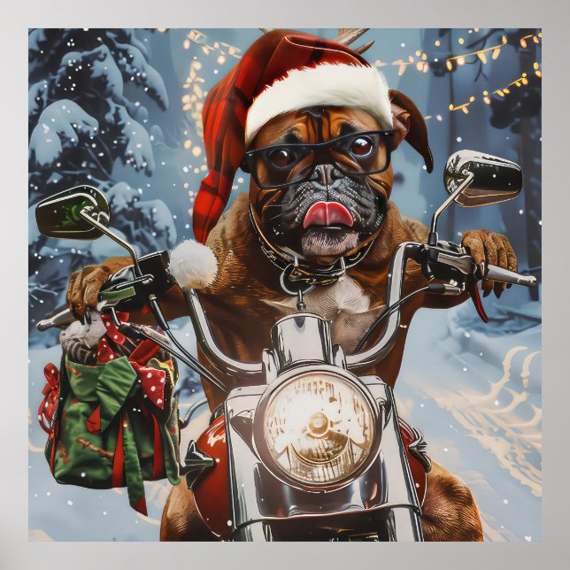 Póster Navidades de Boxer Dog Riding en motocicleta (Frente)