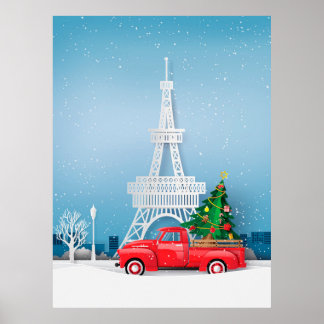 Póster Navidades de Camión Rojo de la Torre Eiffel de Par