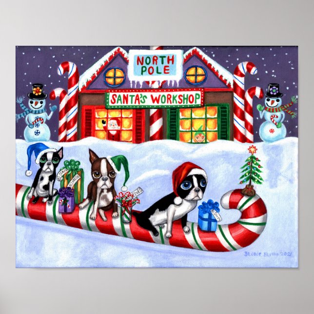 Póster Navidades de Candy Cane Santa de Boston Terriers (Frente)