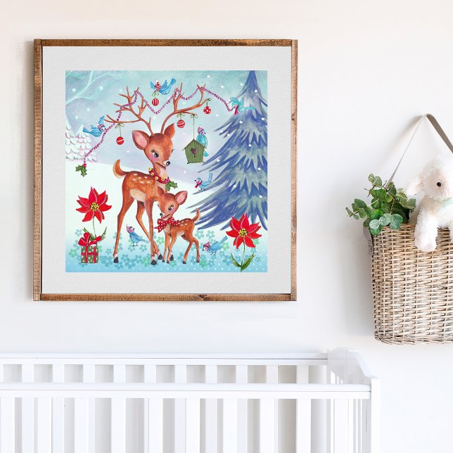 Póster Navidades De Cerdas Y Animales De Woodland (Cute Deer Christmas Woodland Animals Poster)