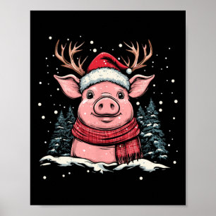 Póster Navidades de Cerdo Reindeer Santa Hat