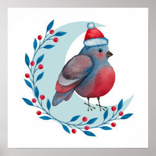 Póster Navidades de color de agua pájaro azul en la luna