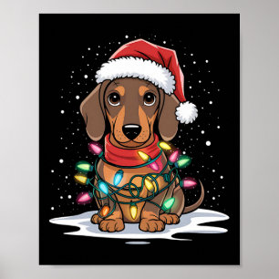 Póster Navidades de Dachshund alumbran a Santa Hat Dog Ho