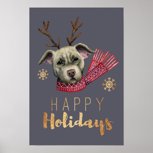 Póster Navidades de Dog Antlers Divertidos acuarelas (Frente)