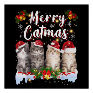 Póster Navidades de gato Santa Hat Graciosa Feliz Navidad