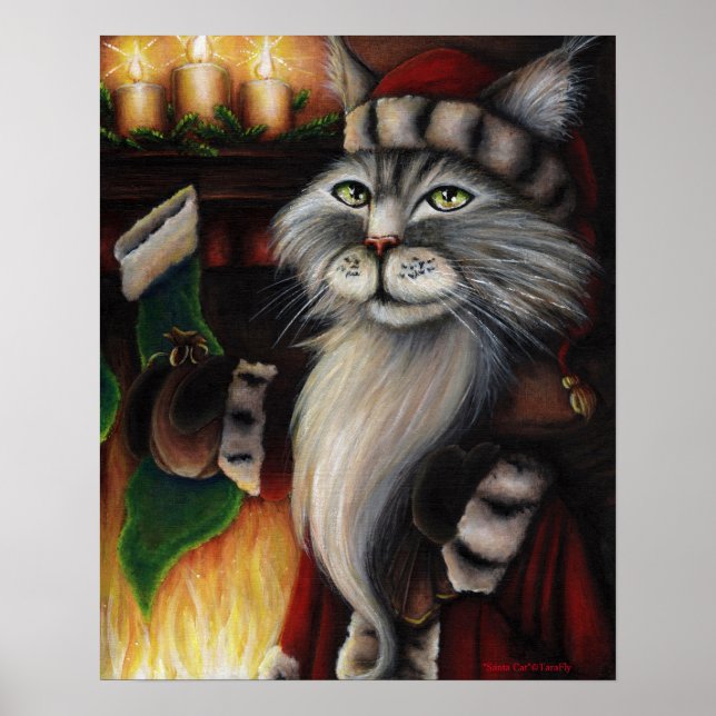 Póster Navidades de gatos de Santa Claus reaccionan Poste (Frente)