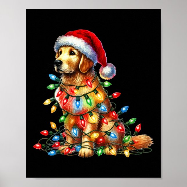 Póster Navidades de Golden Retriever iluminan Santa Hat D (Frente)