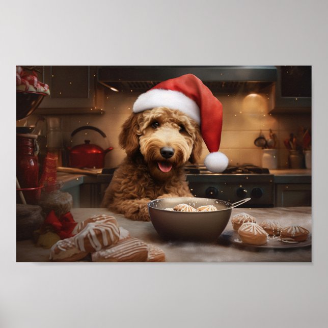 Póster Navidades de Goldendoodle en vacaciones festivas (Frente)