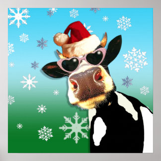 Póster Navidades de humor Cow Santa Hat