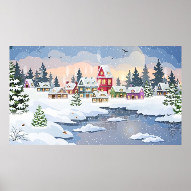 Póster Navidades de invierno con casa cubierta de nieve (Frente)