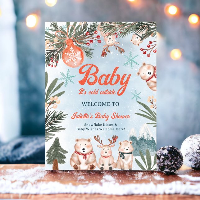 Póster Navidades de invierno de animales de compañía bien (Cute Animals Winter Christmas baby shower welcome Poster)