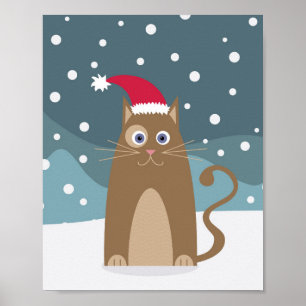 Póster Navidades de invierno vacaciones santa gato mascot