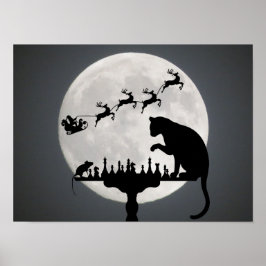 Póster Navidades de juego para gato y ratón sobre la luna