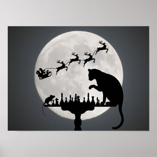 Póster Navidades de juego para gato y ratón sobre la luna (Frente)
