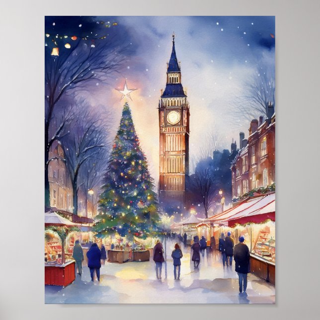 Póster Navidades de la acuarela de Londres (Frente)