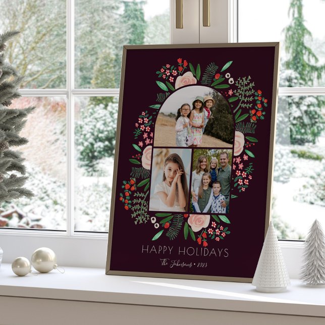 Póster Navidades de la familia floral de marco artístico  (Modern Arch Frame Floral Family Christmas 3 Photo Poster)
