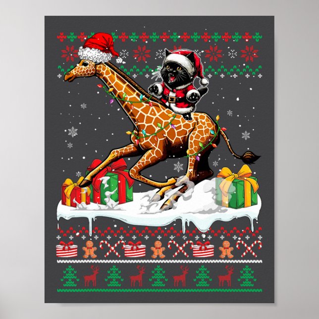 Póster Navidades de la jirafa de Santa Cat Riding Sweater (Frente)