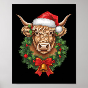 Póster Navidades de la vaca Highland Navidad Santa Wooly 
