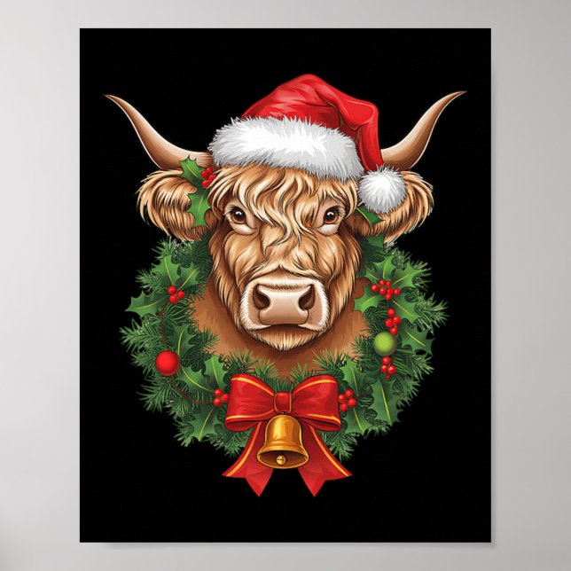 Póster Navidades de la vaca Highland Navidad Santa Wooly  (Frente)