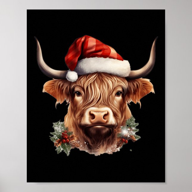 Póster Navidades de la vaca Highland Navidad Santa Wooly  (Frente)