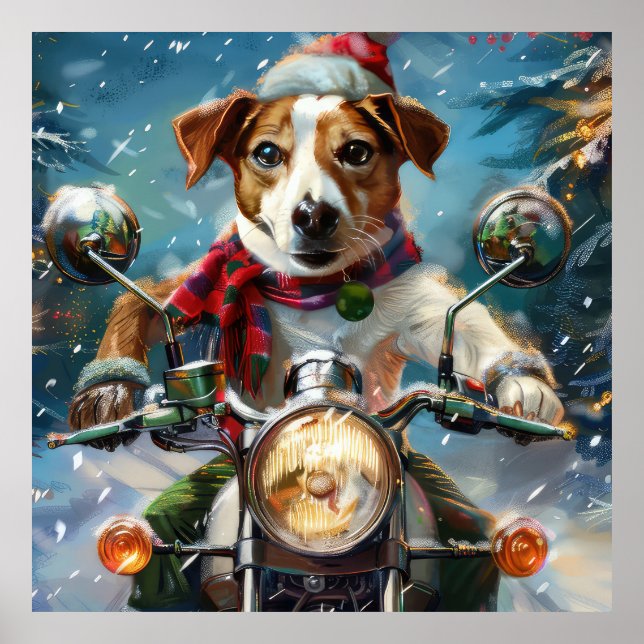 Póster Navidades de moto de Jack Russell Dog Riding (Frente)