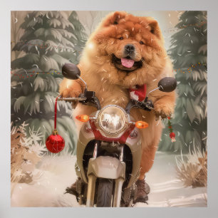 Póster Navidades de motocicleta Chow Chow Dog Riding