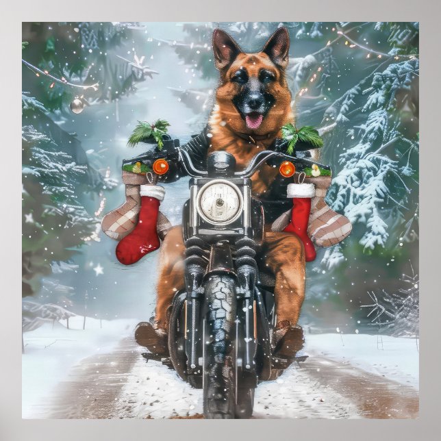 Póster Navidades de motocicleta de Pastor Alemán (Frente)