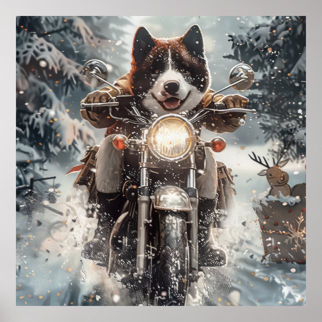 Póster Navidades de motocicletas de American Akita Dog Ri (Frente)