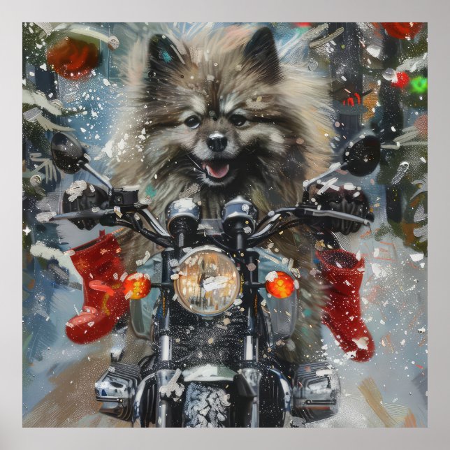 Póster Navidades de motocicletas Keeshond Dog Riding (Frente)