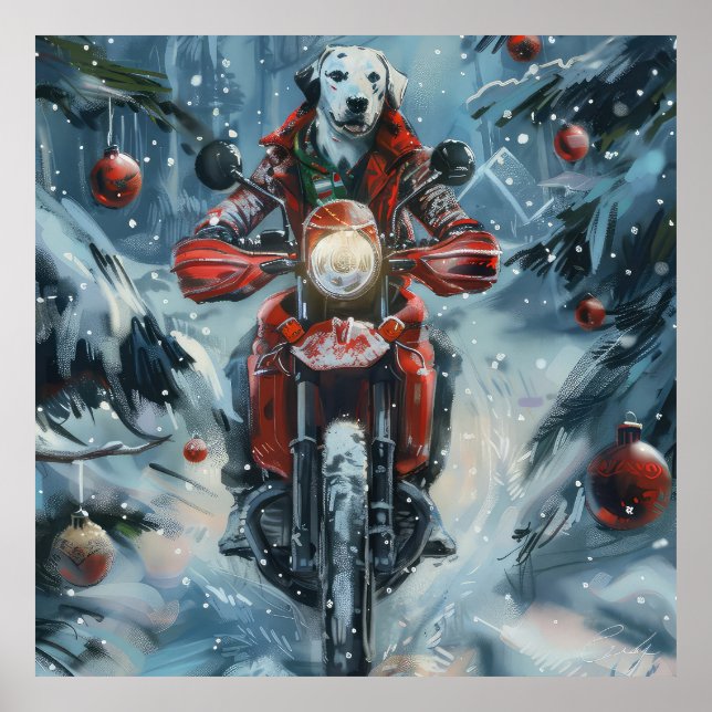 Póster Navidades de motociclismo de perros de Dalmacia (Frente)