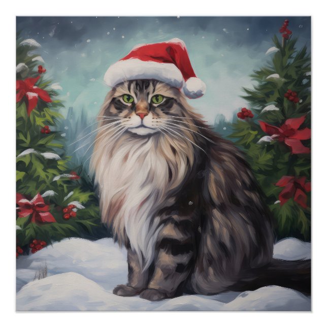 Póster Navidades de Nieve al gato de Maine Coon (Anverso)