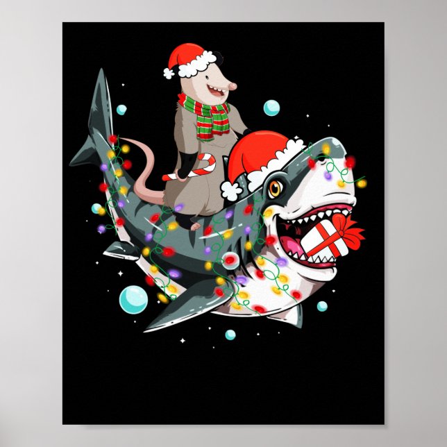 Póster Navidades de Opossum Riding Shark Santa Hat (Frente)