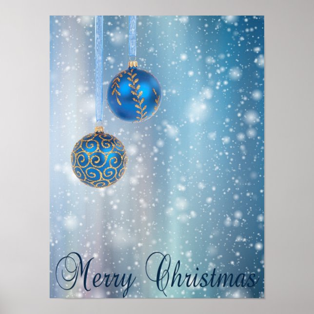 Póster Navidades de ornamentos de bokeh azul de nieve (Frente)