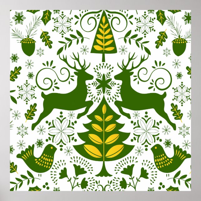 Póster Navidades de oro leñan aves de ciervo en flor (Frente)