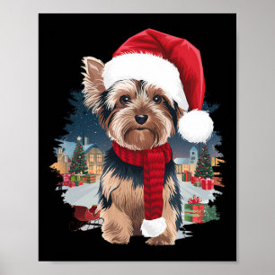 Póster Navidades de perro de Cute Yorkie Santa Hat Scarf 